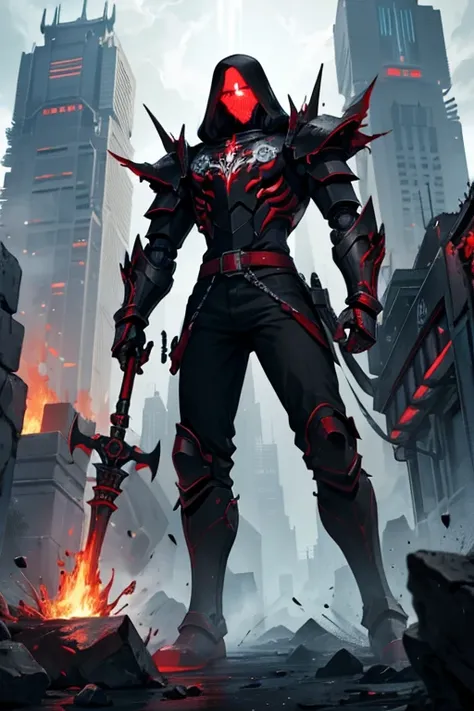 male, robot, fiery red eyes, black metal body, (((1boy))), (((black metal armor))), (dark red torn pants), (grey sash), long legs, holding hammer, in a forge