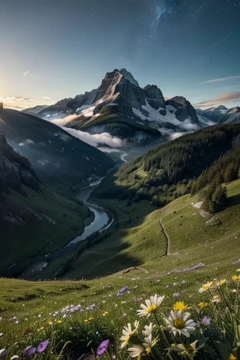 A majestic mountain rises above a deep blue lake, umgeben von schneebedeckten Gipfeln.
A cascading waterfall plunges into a crystal clear pool, surrounded by lush greenery.
Ein farbenfroher Sonnenaufgang taucht die Landschaft in goldenes Licht, while the m...