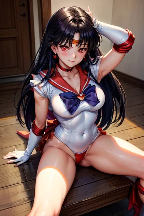 whole body, sailor mars, long black hair, (((red eyes))), circlet, choker, smile、earrings, 赤のsailor warrior uniforms, white elbo...