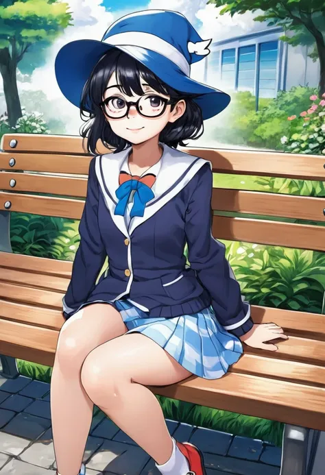 Anime girl with glasses and a hat sitting on a bench, Marin Kitagawa Fanart, Cute girl anime visuals, Arale-chan, As an anime character, Anime Moe Art Style, Magic , safebooru anime images, y 2 k cutecore crowncore, Short full body portrait!, Sitting with ...