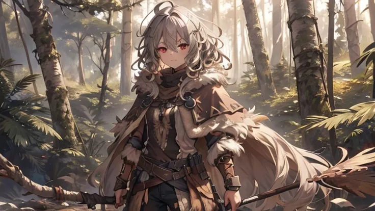 masterpiece, 1 person, Sparrow, Silver-haired woman, Wearing barbarian clothing, Curly medium hair, Messy Hair, The body is slim, Wearing a brown fur capelet, Shirt decoration, Serious expression, Red eyes, Standing in the forest, Ahoge,