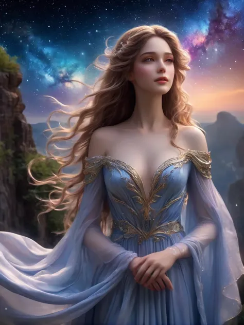 1girl,  3D Sculpture，A woman in a long dress stands on a cliff and looks up at the starry sky, Goddess of space, Milky Way Goddess, Goddess of Heaven, Astral ethereal, dream, Beautiful Celestial Mage, Beautiful fantasy painting, Beautiful fantasy art, Ethe...