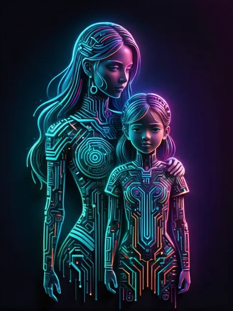 (neon)，circuit board，neon gradient light blue，turquoise and purple artwork，(full body rainbow image of a little princess and her...