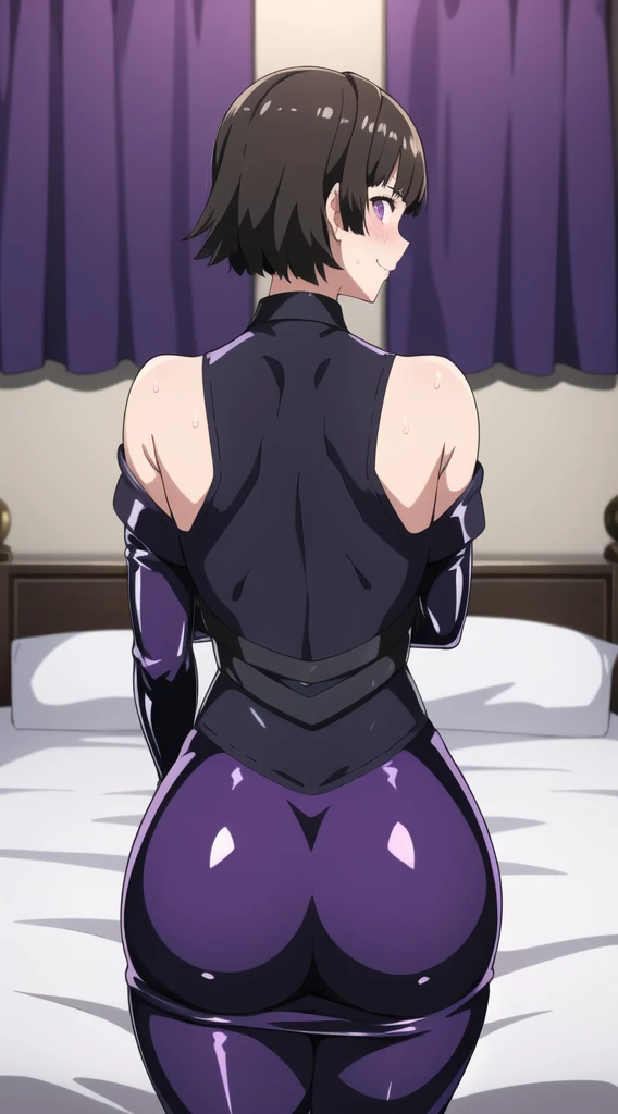 masterpiece, 1 girl, alone, Shortcuts, , Makoto "Queen" Niijima (Makoto Niijima) - Persona、Looking at the audience, Big Breasts, Mature Woman, blush, smile, Black Hair、Lilac eyes, Pink Bed, Mature Woman,Black latex gloves,Purple off-the-shoulder latex suit...