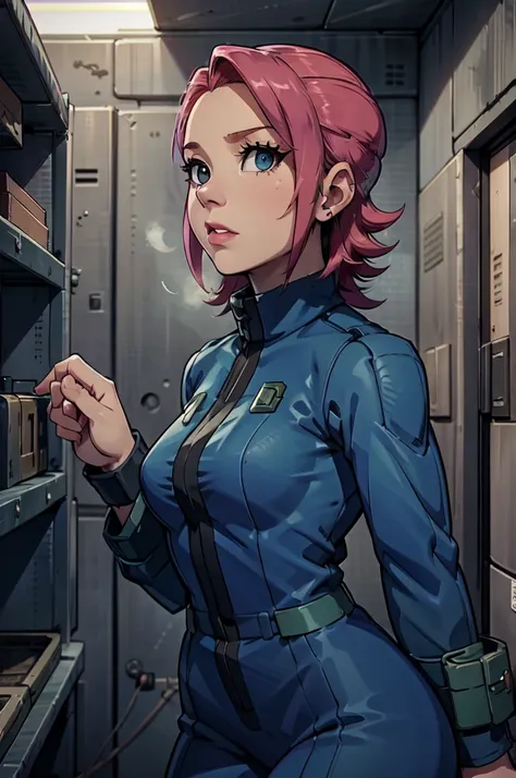 mayl sakurai reimagined as a vault dweller, doing maintenance in an underground vault. her vibrant pink hair stands out against ...