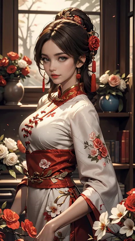 one girl,upper body,robber girl,china dress,chinese clothing,hair flowers,(masterpiece:1.4),(highest quality:1.4),(shiny skin),r...