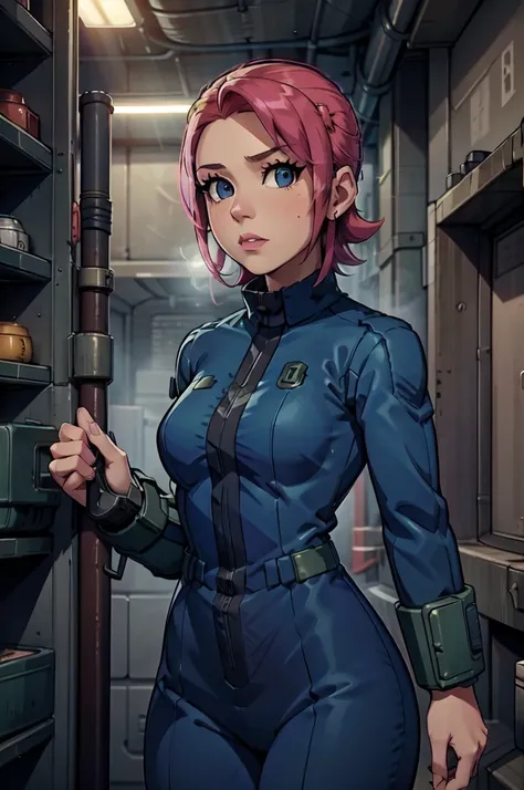 mayl sakurai reimagined as a vault dweller, doing maintenance in an underground vault. her vibrant pink hair stands out against ...