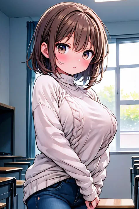 Brown haired girl,Short-haired girl,Brown eyes,Body type is slightly chubby,The breasts are small,Sweater and jeans
