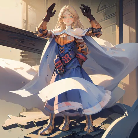 (masterpiece, best quality), 1girl,  KnightFFT, long hair, blonde hair, blue eyes, cape, armor, blue dress, belt, gloves, boots