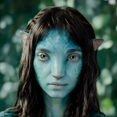 avatar style, (face portrait:1.6), naavi, 1girl, female, (green eyes), (big eyes), ((eyebrowless)), pointy ears, (turquoise skin...