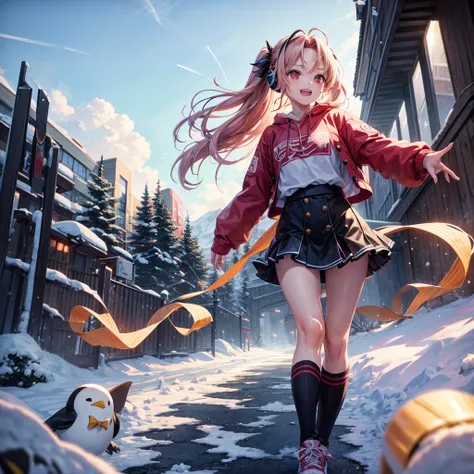 Pink gold golden hair、Red eyes、One good looking girl、solo、anime、Checkered mini skirt、The skirt has buttons、Red T-shirt、Long sleeve、China、Black knee-high socks、Wearing headphones、Wearing a ribbon、Ribbon on waist、Tilting face、Teeth are visible、tunnel、Sunset ...