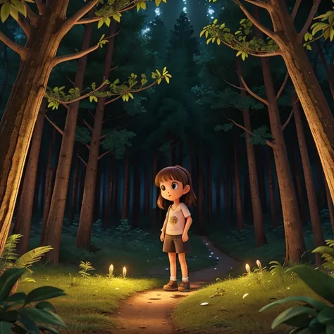 Girl lost in a forest at night 