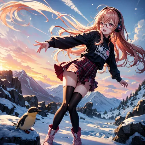 Pink gold golden hair、Red eyes、One good looking girl、solo、anime、Checkered mini skirt、The skirt has buttons、Red T-shirt、Long sleeve、China、Black knee-high socks、Wearing headphones、Wearing a ribbon、Ribbon on waist、Tilting face、Teeth are visible、tunnel、Sunset ...