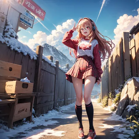 Pink gold golden hair、Red eyes、One good looking girl、solo、anime、Checkered mini skirt、The skirt has buttons、Red T-shirt、Long sleeve、China、Black knee-high socks、Wearing headphones、Wearing a ribbon、Ribbon on waist、Tilting face、Teeth are visible、tunnel、Sunset ...