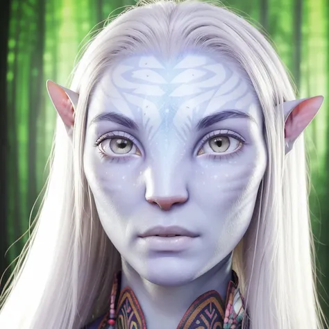 avatar style, (face portrait:1.4), naavi, 1girl, female, ((red eyes)), ((eyebrowless)), pointy ears, (white skin tone:1.0), (str...