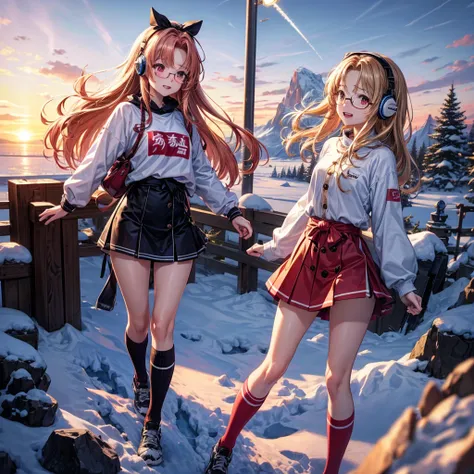 Pink gold golden hair、Red eyes、One good looking girl、solo、anime、Checkered mini skirt、The skirt has buttons、Red T-shirt、Long sleeve、China、Black knee-high socks、Wearing headphones、Wearing a ribbon、Ribbon on waist、Tilting face、Teeth are visible、tunnel、Sunset ...