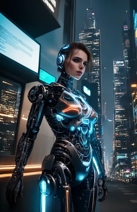 The intimate relationship of a male cyborg and a female cyborg in a skyscraper office in a big city, best quality, absurdres, masterpiece, beautiful, intricate details, 1/2 body crop, slim body, beautiful figure, magnificent anatomy, (intricate details:1.1...