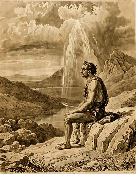 in ancient greece, a man with a solemn and dignified demeanor sat on the mountain, watching the flood and rain under the mountai...