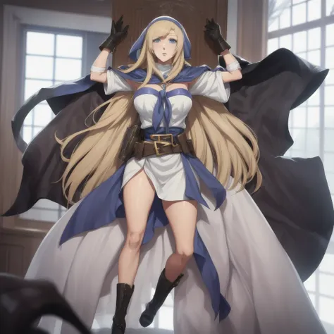 (masterpiece, best quality), 1girl, (ミレーヌ - Mylene Rapha Holfort / Otome Game Sekai wa Mob ni Kibishii Sekai Desu - Otome Game World is tough on mobs), long hair, blonde hair, blue eyes, cape, armor, blue dress, belt, gloves, boots