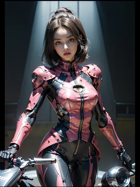 ((highest quality)), ((masterpiece)), ((Perfect Face))、（(Detailed Motorcycle)）、Detailed and clear photos、((Cyborg Woman))、((Pink long sleeve riding jacket and leather pants))、((Riding on motorcycle))、((cybernetics))、Slender body、((Woman with a mechanical b...