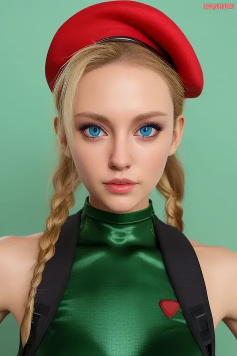 cammy,blonde,blue eyes,long twin braids, green leotard,chest harness,boots,little red beret,no sleeve, are standing,upper body, ...