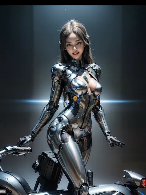 ((highest quality)), ((masterpiece)), ((Perfect Face))、（(Detailed Motorcycle)）、Detailed and clear photos、((Cyborg Woman))、((Cyborg riding sexy gunmetal jacket and leather pants))、((Riding on motorcycle))、((cybernetics))、Slender body、((Woman with a mechanic...