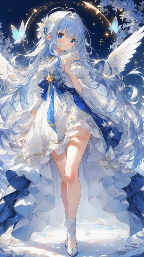 a sparkling, cute atmosphere inspired by the constellations. she is a beautiful moe anime style girl with big sparkling blue eye...