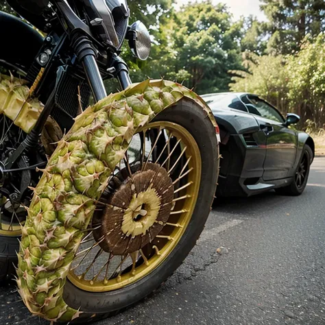 Can you make a picture of crushed pineapple on the motorcycle wheel?