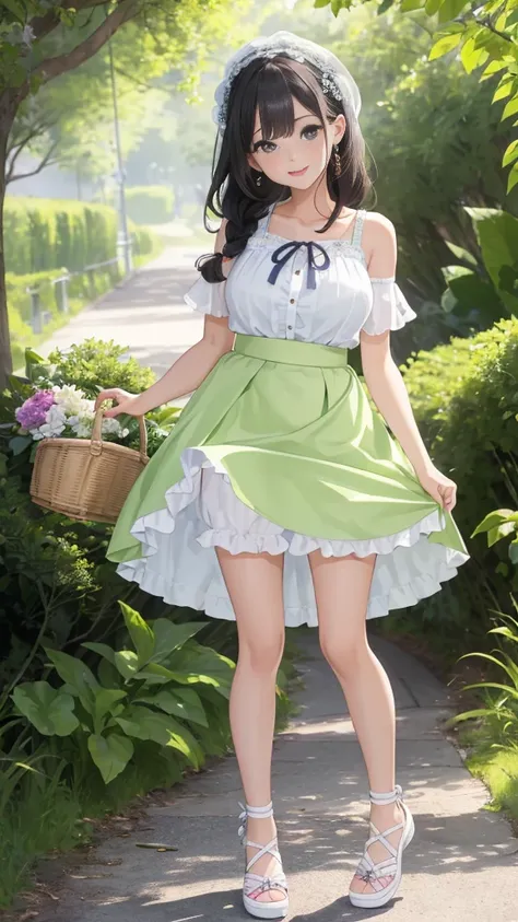 (masterpiece,high quality,High definition,High resolution,8k:1.4),Detailed Background、最high quality、Teenage Beauty((1 person))、Cute hairstyle、Huge breasts、smile、Fresh one-piece style、Choose a floral or pastel colored dress、Wear flat sandals or sneakers on ...