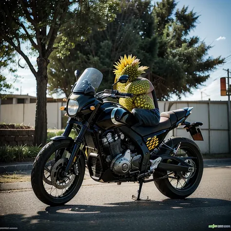 Motorcycles running over pineapples. Can you make a picture like this?