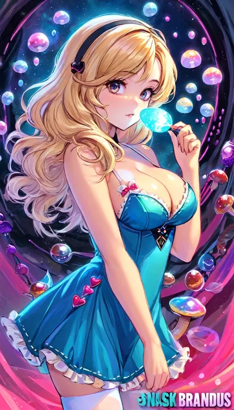 a beautiful 20 year old blonde woman with big messy hair in a blue dress, white stockings, black headband, cleavage, holding a glowing mushroom, fantasy art style, rossdraws cartoon vibrant, alice x. zhang, alice in wonderland cyberpunk, cute detailed digi...