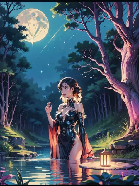 "Moonlit priestess, tropical oasis, magical pond, nocturnal mysteries, ethereal enchantment"