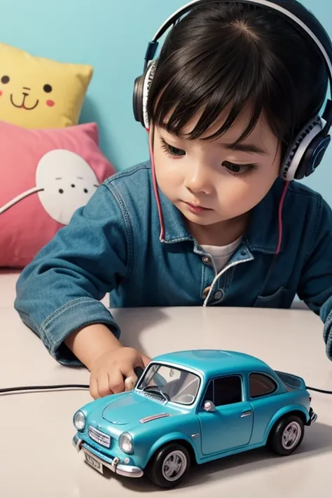 Baby listening to ASMR with headphones on a toy car