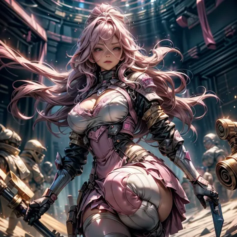 pink-haired scandinavian girl wearing half-plate armor and a frilly skirt over a skin-tight bodysuit, (pink long hair:1.4), pink...