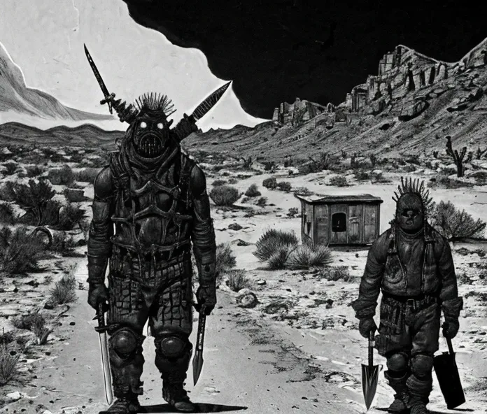 butter stotch holding sword walking at desert, crazy eyes, sad and cry, style of dorohedoro