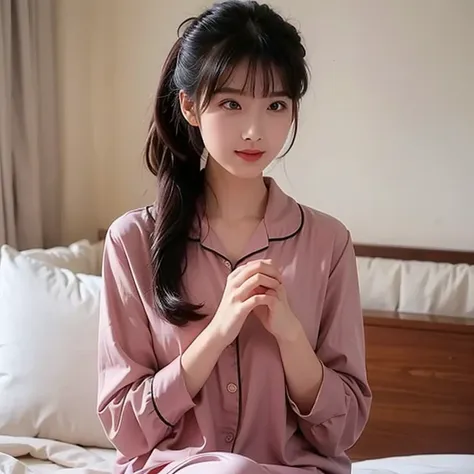 a chinese beauty sitting on the bed, she clenched her hands，wearing simple pajamas，transparent，transparent小， she has black hair，...