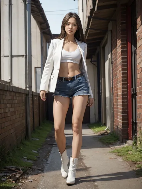 masterpiece,highest quality,High resolution,Full Body View,White jacket,Red innerwear,Belly button,Belted denim mini shorts,The heroine in white cowboy boots,Perfect Legs,Perfect Skin,Perfect Arms,Abdominal muscles,The background is an abandoned factory