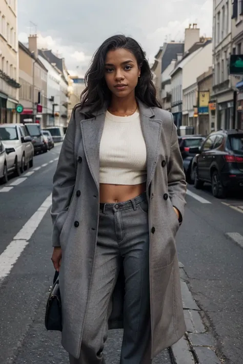 8k, la plus haute qualité, ultra details, Afro-American, Jeune femelle, gros seins bien couverts, la coiffure est longue et droite. She is standing at a pedestrian crossing on a city street. Elle porte du classique, des vêtements intemporels qui comprennen...