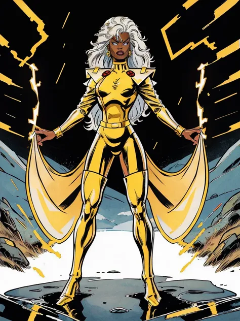 ((full body photo,standing, feet on the ground))cartoon_x_mens_storm,a white-haired warrior girl with yellow eyes wearing black ...