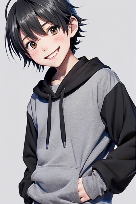 Anime Art　Beautiful boy　10th Generation　Black and grey outfit　Japanese　smile　