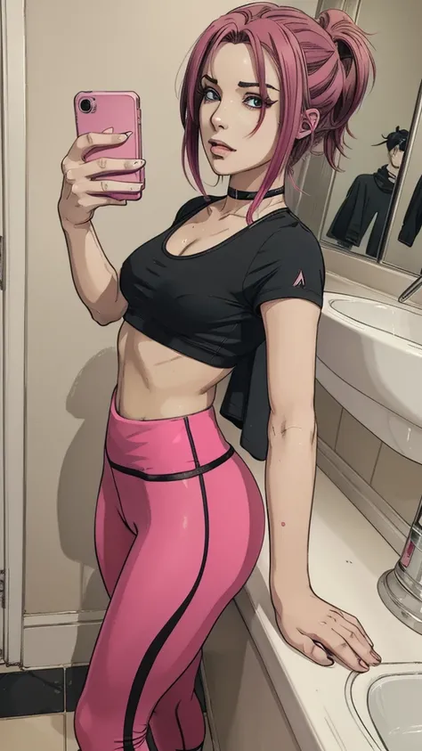 vector image:1.2, 2d cartoon,masterpiece, An anime woman, blush,colored hair, bold makeupwetlook sporty leggings, sporty top, horny pose:1.1, gloomy orgasm, horny, sneakers, takes selfie, in restroom