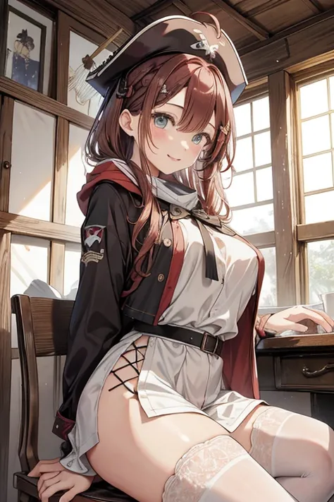 masterpiece, 1girl, sparrow, a red haired girl, wearing a white medieval pirates clothes, curly medium hair, messy hair, slim body, wearing brown capelet with hoody, he close her left eye, shirt ornament, aqua eyes, sho show her back, ahoge, black vest, ba...