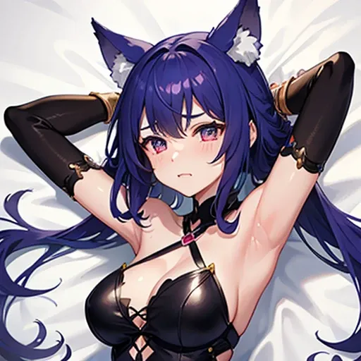 Upper Body、A beautiful beastman、female、Immediately after intercourse、Immerse yourself in the afterglow of the climax、Feeling pleasure、Normal milk、Wolf Ears、On the bed、Throw your arms up、Drooping eyebrows、Details、A confused face、Blue-purple hair、With mouth ...