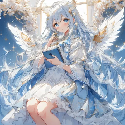 an angel with a sparkling and cute atmosphere at work. she is a moe anime-style bishoujo with big sparkling blue eyes and a fluf...