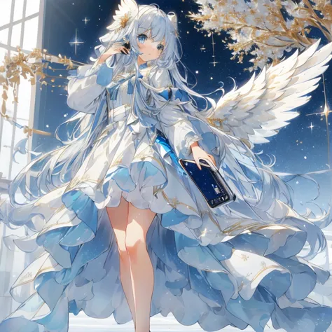 an angel with a sparkling and cute atmosphere at work. she is a moe anime-style bishoujo with big sparkling blue eyes and a fluf...