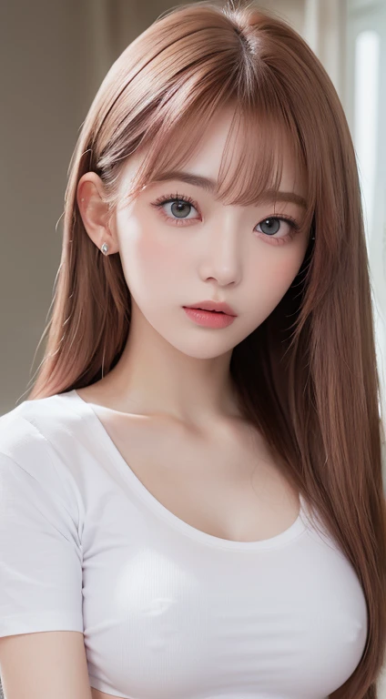 1 female,　22-year-old woman、Pink Hair, Blunt bangs, Hair behind the ear, Hair that falls over the shoulders, Long Hair, Ultra Fine Face, Thin face, Delicate lips, (Beautiful Eyes:1.5), Lightly reddish, eyes are light brown,See this,Sexy pose、 Ultra-fine ne...