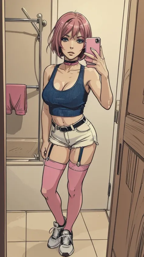 vector image:1.2, 2d cartoon,masterpiece, An anime woman, blush,colored hair, bold makeup, stockings with garters:1.2, denim shorts, sporty top, horny pose:1.1, gloomy orgasm, horny, sneakers, takes selfie, in restroom, full body