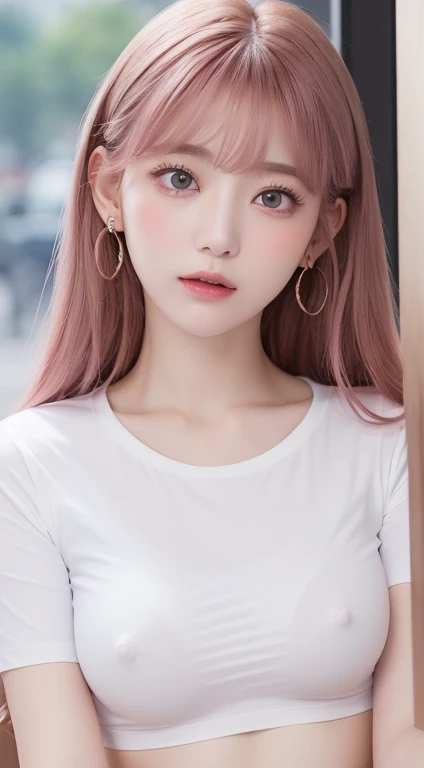 1 female,　22-year-old woman、Pink Hair, Blunt bangs, Hair behind the ear, Hair that falls over the shoulders, Long Hair, Ultra Fine Face, Thin face, Delicate lips, (Beautiful Eyes:1.5), Lightly reddish, eyes are light brown,See this,Sexy pose、 Ultra-fine ne...