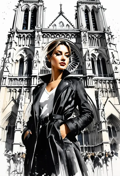 Portrait, close-up, Masterpiece, best quality, half body, only one very beautiful French woman in fashion design Clothes, ink painting style, landmark Notre Dame Cathedral, perfect poses,
soft colors, smooth strokes, low angle, ink painting in the style of...