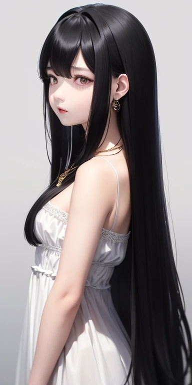 Top quality masterpiece illustrations、Black hair and black eyes、Wearing multiple necklaces、Girl in white dress looking up、Beautiful face with hair on the side long hair at the angle of the lower body is fair、more details、